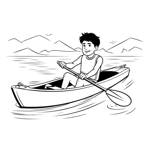 Вектор Подросток гребёт на лодке в море векторная иллюстрация