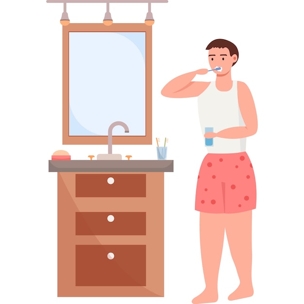 トイレで歯磨きをしているティーンエイジャーの子供ベクトルアイコンが白に隔離されています