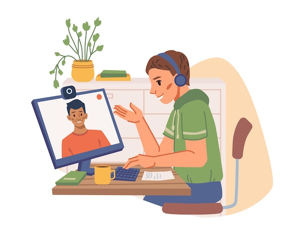 Teenager communicating with friend on computer by video camera isolated flat cartoon character