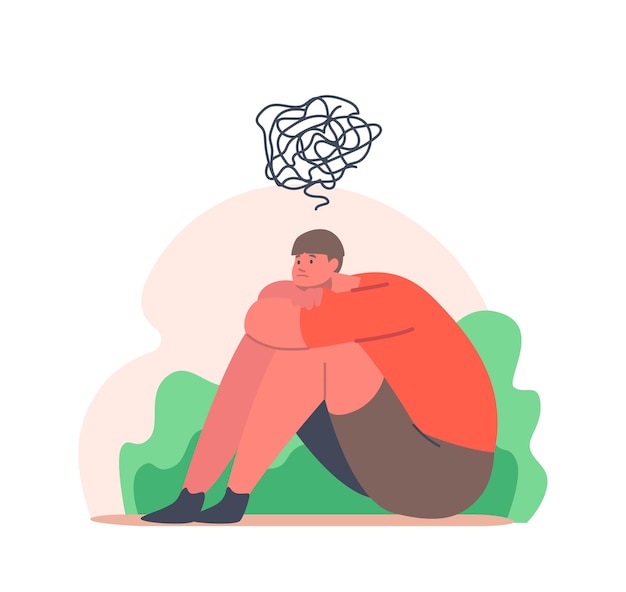 Vector teenager depression, problems, depressed unhappy boy sit on floor with tangled thoughts in head. kid character need help