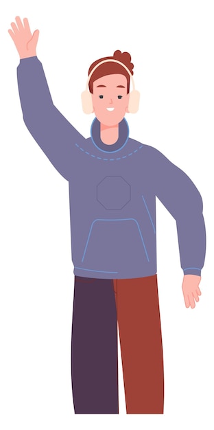 Vector teenager in headphones greeting friends happy gesture