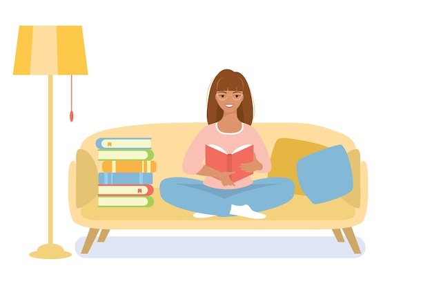 The teenager is sitting reading a book studying at home Premium vector