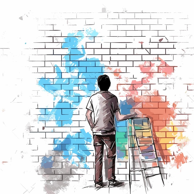 Teenager paints graffiti on a brick wall vector illustration