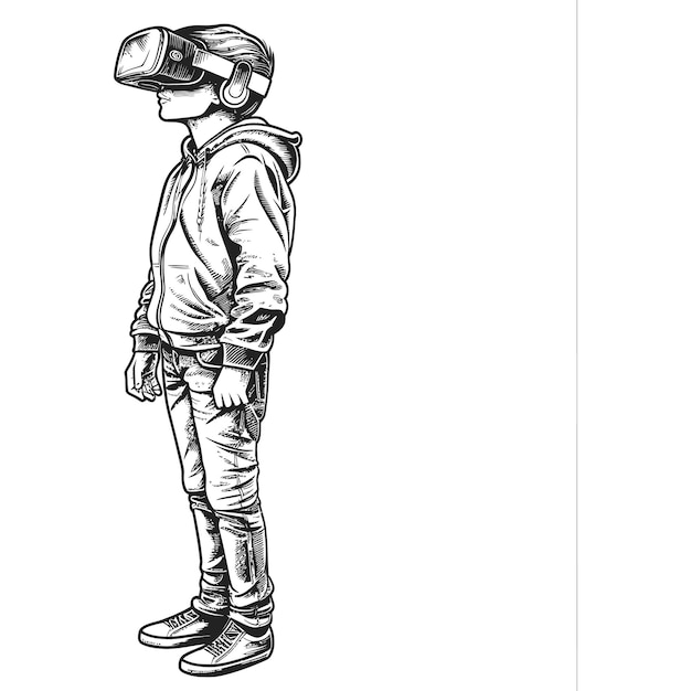 teenager playing virtual reality headset in old engraving style art