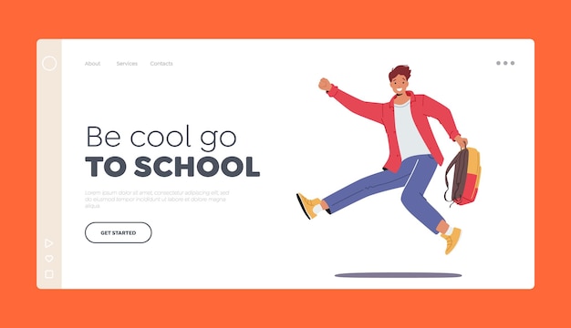 Teenager pupil character jumping landing page template happy student boy jump with rucksack in hand back to school