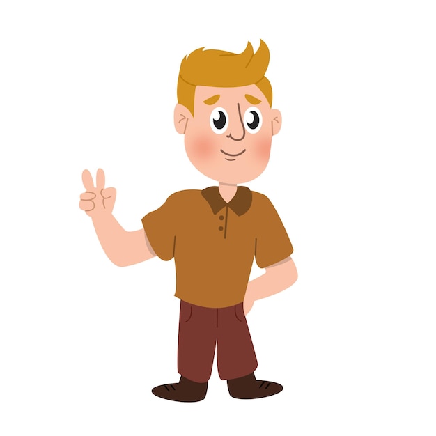 Teenager raises hand with finger shape showing peace