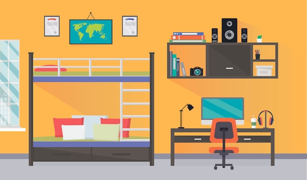 Вектор Дизайн интерьера комнаты подростка с модным рабочим пространством для домашней работы