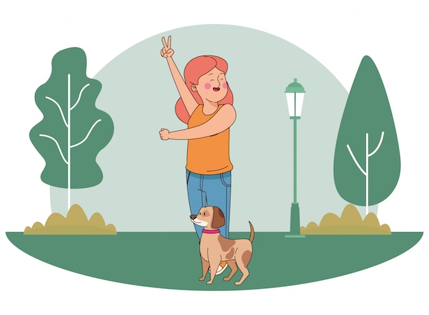 Vector teenager smiling and walking the dog cartoon