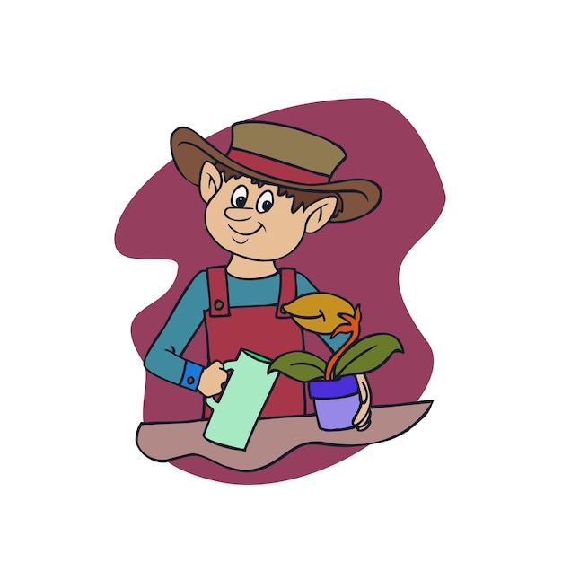 Teenager watering a plants cartoon