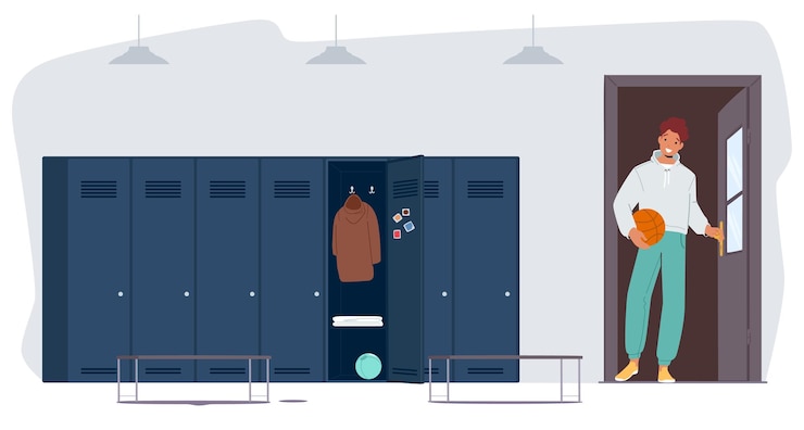 Vector teenager with basketball ball enter to sport locker room young man sports trainer or student wear uniform illustration