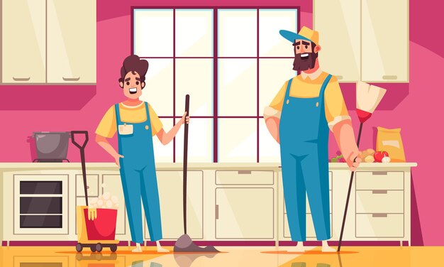 Vector teenager work cartoon poster with young man cleaning kitchen floor vector illustration