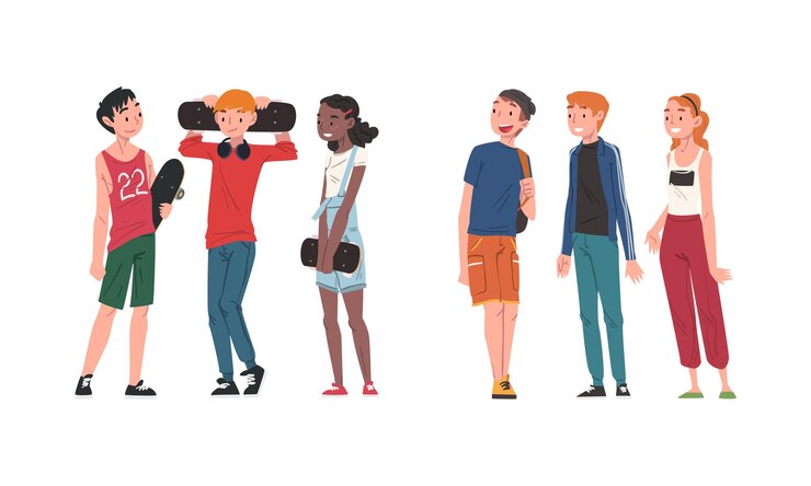 Vector teenagers in casual outfit walking together set cartoon vector illustration