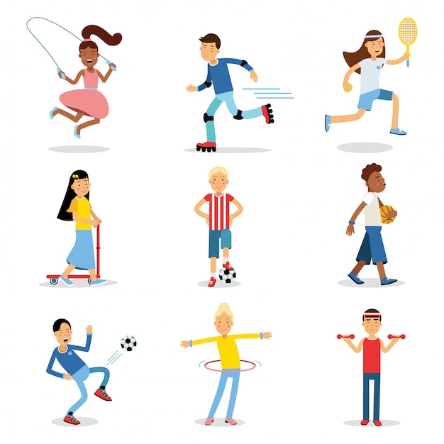 Teenagers doing different sport set. Children physical activity   illustrations