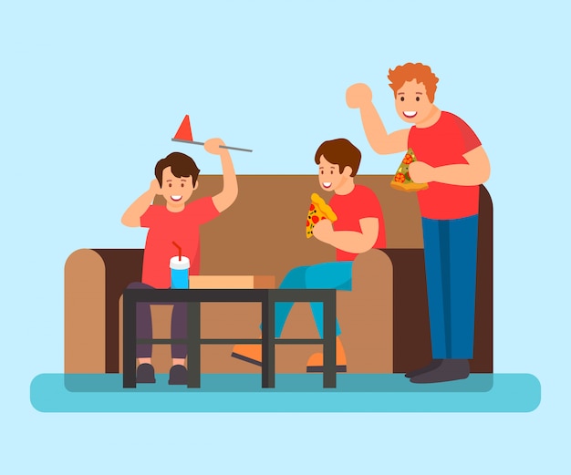 Vector teenagers eating pizza flat vector illustration