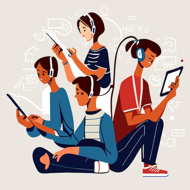 Vector teenagers embracing technology illustrations