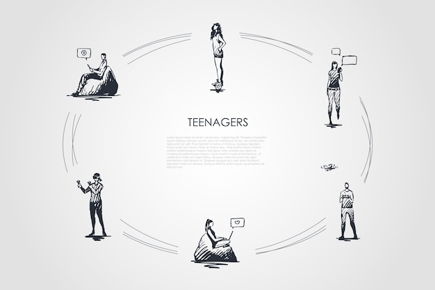 Vector teenagers hand drawn cicle