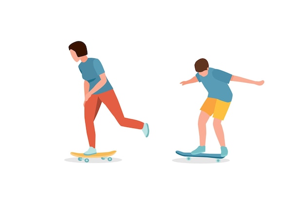 Подростки на скейтбордах друзья балансируют и катаются на коньках