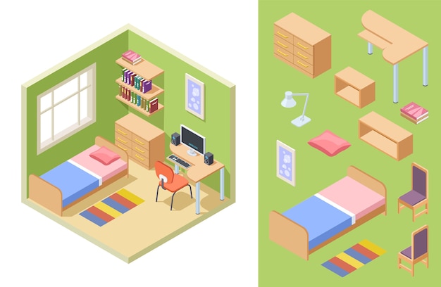 Комната подростков изометрическая. векторный концепт спальни. интерьер для студента с диваном, стульями, письменным столом, книжными полками