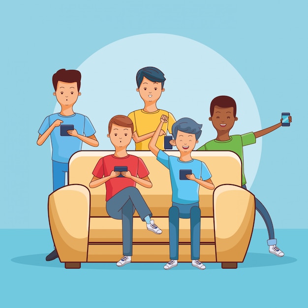 Vector teenagers using smartphone seated on sofa