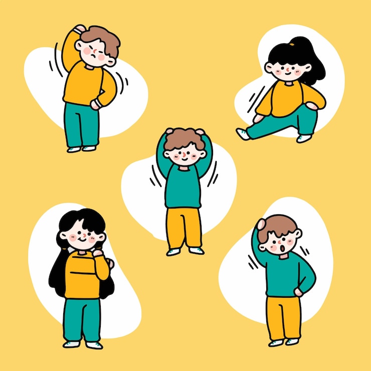 Teens Doing Aerobic Characters Doodle Illustration Set