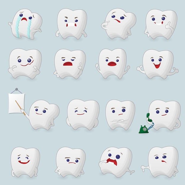 Teeth cartoons set. Illustrations for children dentistry about toothache and treatment.