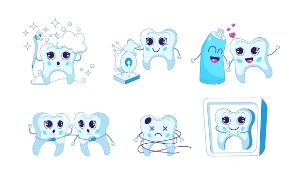 Vector teeth characters with toothbrush and toothpaste, mouth rinse with tooth mascot, teeth whitening.