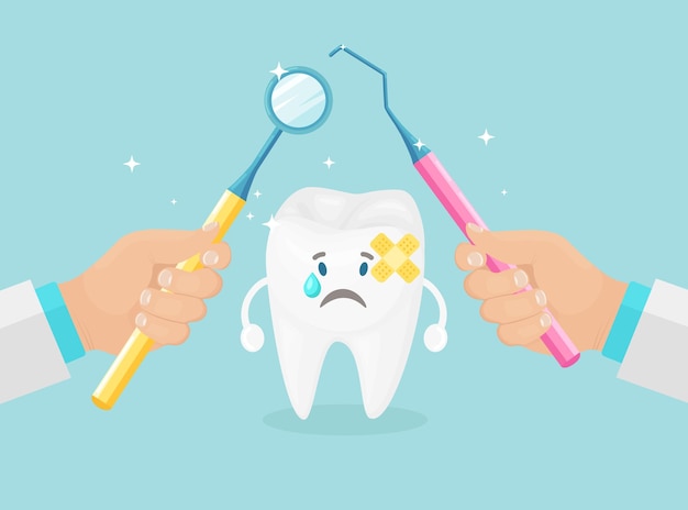 Teeth checkup. dentist hold instruments in hands of examining patient's tooth. stomatology concept.