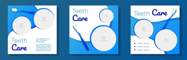 Teeth health social media post banner set dentist tooth care advertisement concept blue brush