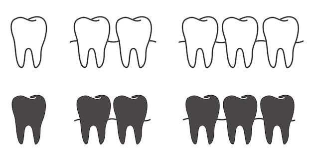 Vettore set di icone e simboli dei denti contorno del vettore dei denti e nero