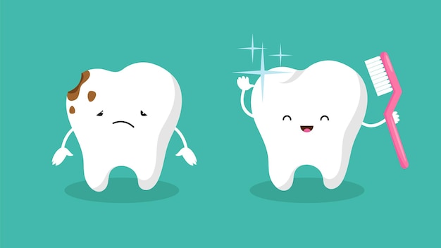 Denti. denti a placca, dente bianco lucido. igiene della bocca e mal di denti. caratteri vettoriali dentali felici e tristi