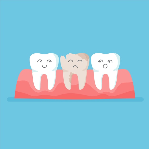 Teeth row with caries snowwhite happy cute and yellow sad ugly tooth before and after whitening