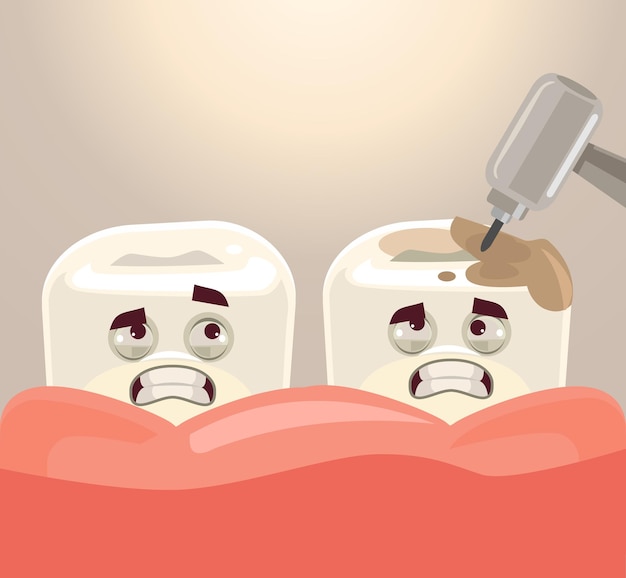 Teeth treatment with dental drill flat cartoon illustration