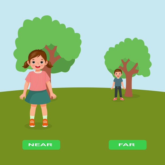 Tegenover bijvoeglijke naamwoorden antoniem woorden dichtbij en ver illustratie van kinderen die in de buurt van boom staan