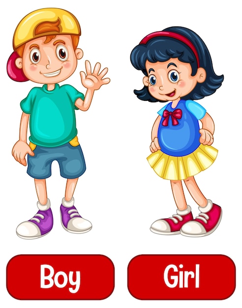 Vector tegenover bijvoeglijke naamwoorden met jongen en meisje op witte achtergrond