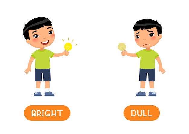 Tegenovergestelde DULL en BRIGHT woorden Educatieve Engelse woordkaart met antoniemen