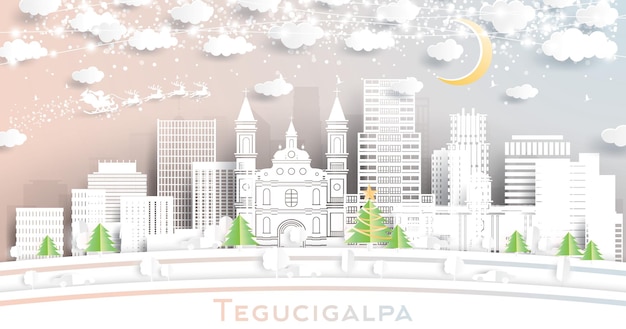 Tegucigalpa Honduras City Skyline In Paper Cut Style With Snowflakes Moon 및 Neon Garland