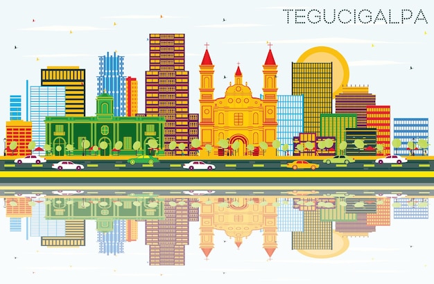 Tegucigalpa Honduras City Skyline met kleur gebouwen blauwe lucht en reflecties