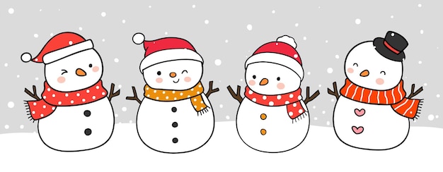 Teken banner schattige sneeuwpop in sneeuw Kerstmis en winter