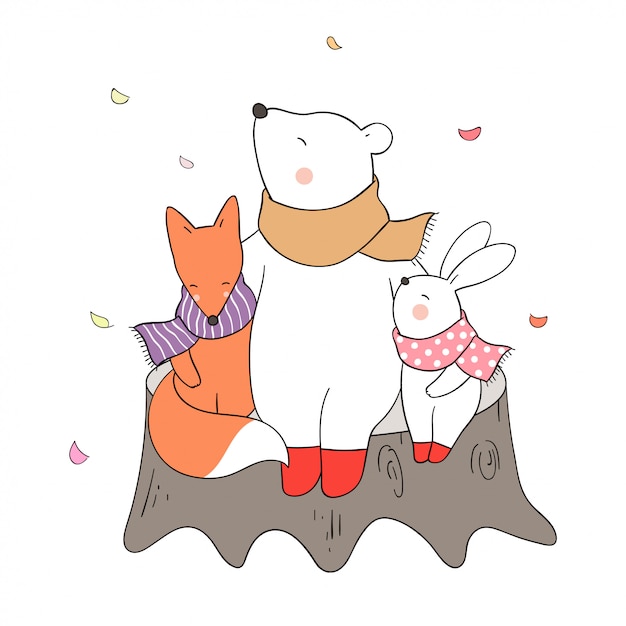 Teken beer knuffel konijn en vos met liefde in de herfst.