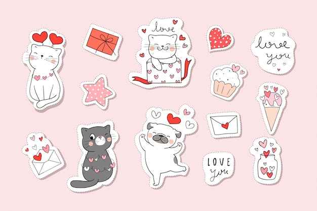 Teken collectie stickers kat in valentijn concept. doodle cartoon stijl.