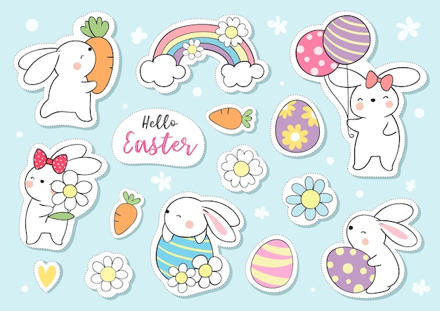 Teken collectie stickers schattig konijntje voor Pasen en de lente