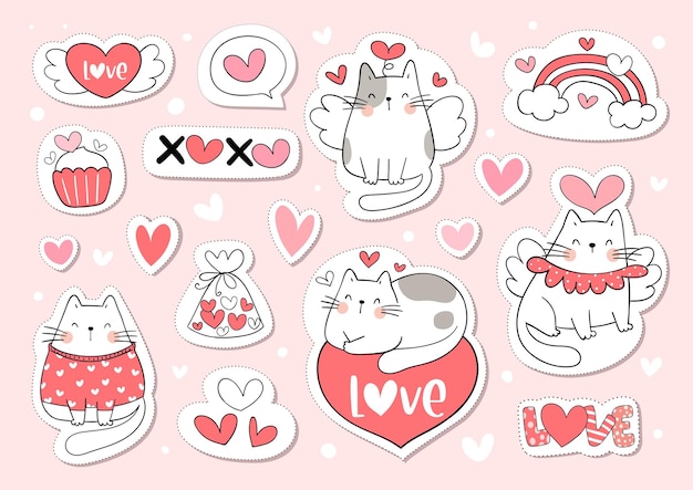 Teken collectie stickers schattige kat voor valentijn