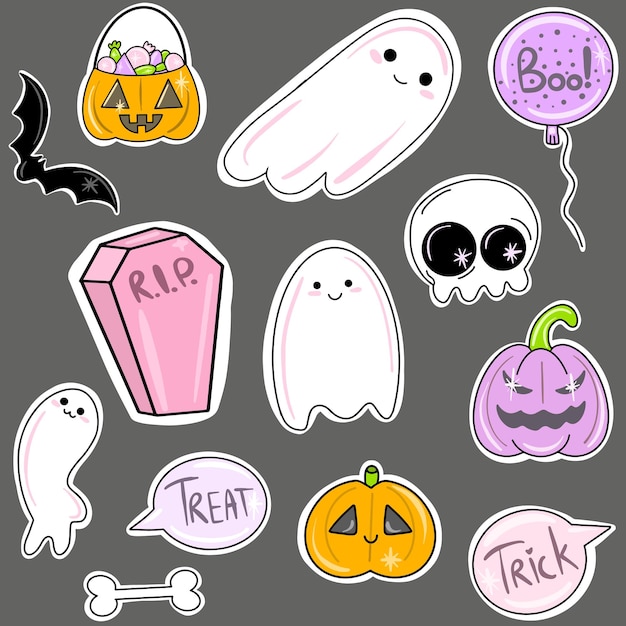 Teken collectie stickers voor karakterontwerp voor halloween Doodle cartoon-stijl