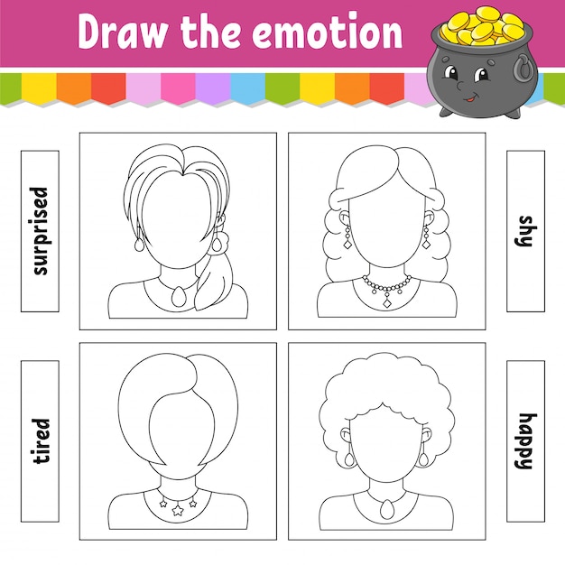 Teken de emotie. Werkblad maakt het gezicht compleet. Kleurboek voor kinderen. Vrolijk karakter.