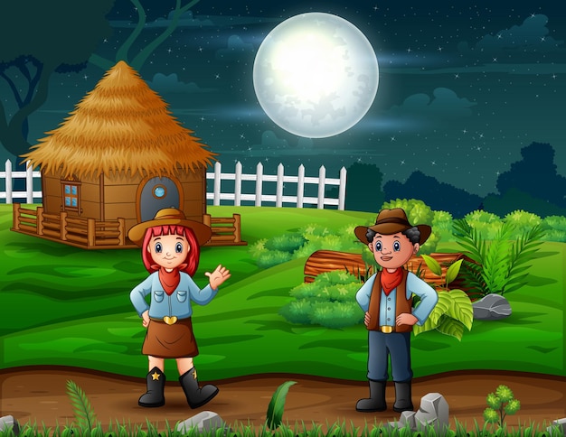 Teken een cowboy en een cowgirl 's nachts op de boerderij