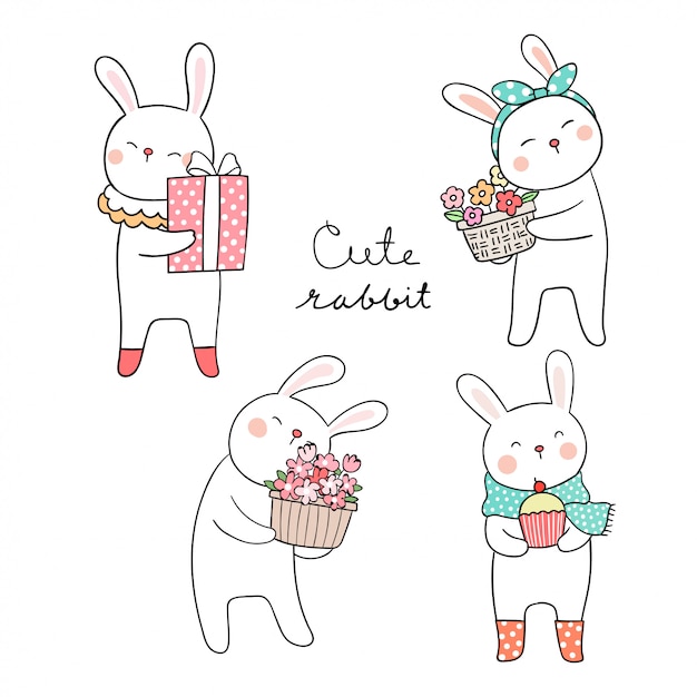 Teken een schattig konijn met bloem voor de lente
