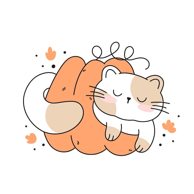 Teken grappige kat slapen in een pompoen kawaii kat met pompoen voor Thanksgiving en herfst herfst vector illustratie kat karakter collectie Doodle cartoon stijl