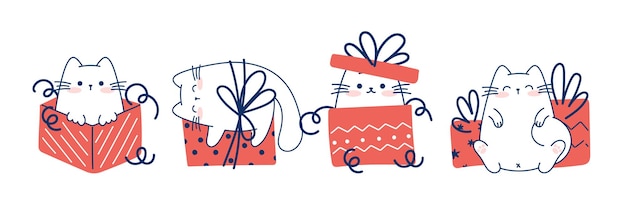 Teken grappige katten met geschenkdozen voor kerst en winter vector illustratie karakter collectie grappige katten voor Kerstmis en Nieuwjaar Doodle cartoon stijl