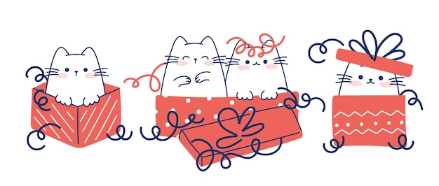 Teken grappige katten met geschenkdozen voor kerst- en winterkarakterverzameling grappige katten voor kerstmis en nieuwjaar doodle cartoonstijl