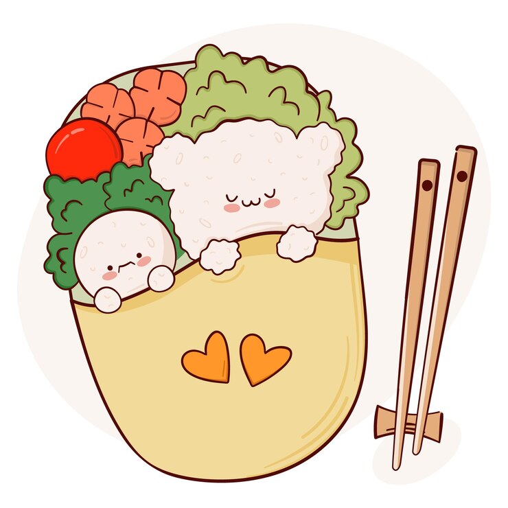 Teken grappige kawaii bento box thuis koken afhaalmaaltijd prep vector illustratie Japans Aziatisch traditioneel eten koken menu concept Doodle cartoon stijl